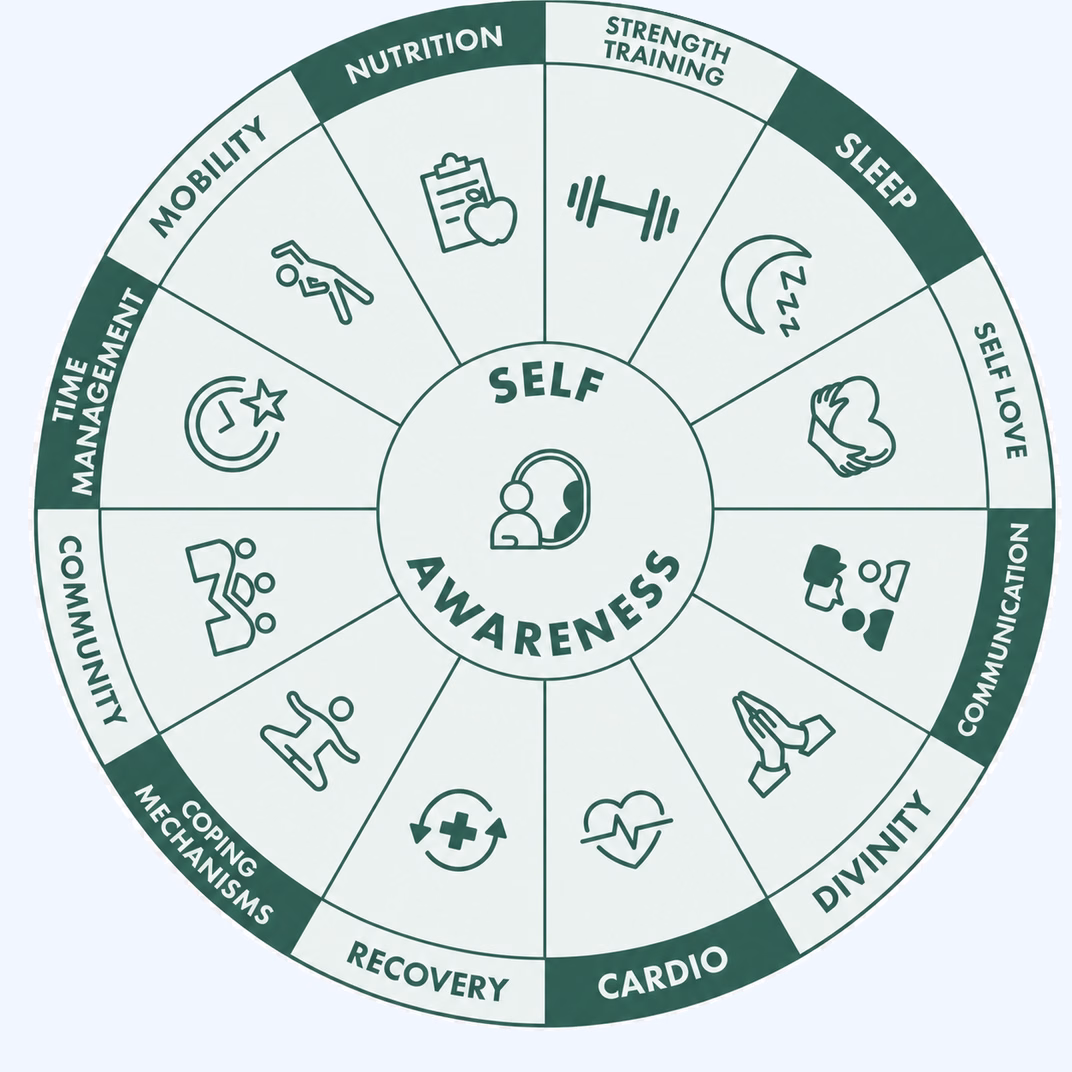 Self Awareness wheel showing twelve areas of integrative fitness: strength training, sleep, self love, communication, divinity, cardio, recovery, coping mechanisms, community, time management, mobility, and nutrition